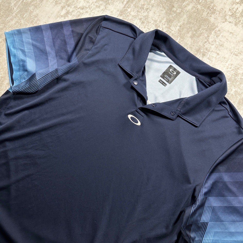 Oakley Polo Shirt Mens XL Navy Blue Gradient Stripe Sleeve Back Log Y2K